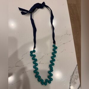 J. Crew Teal Bead Necklace with Navy Ribbon